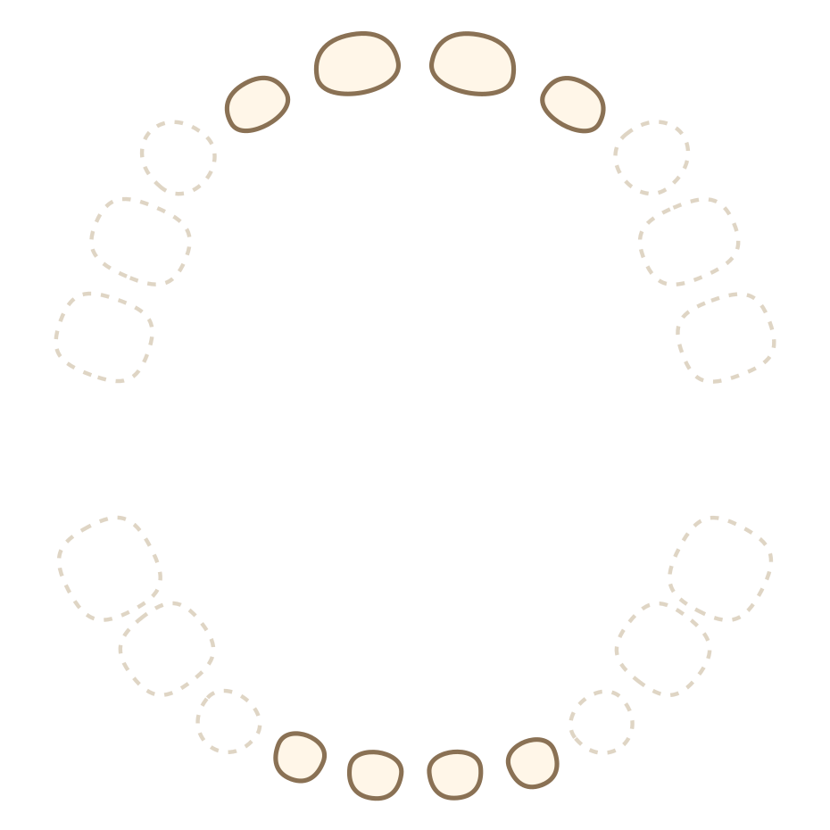 Mouth diagram of a baby: eight erupted milk teeth, the rest shown as dashed outlines
